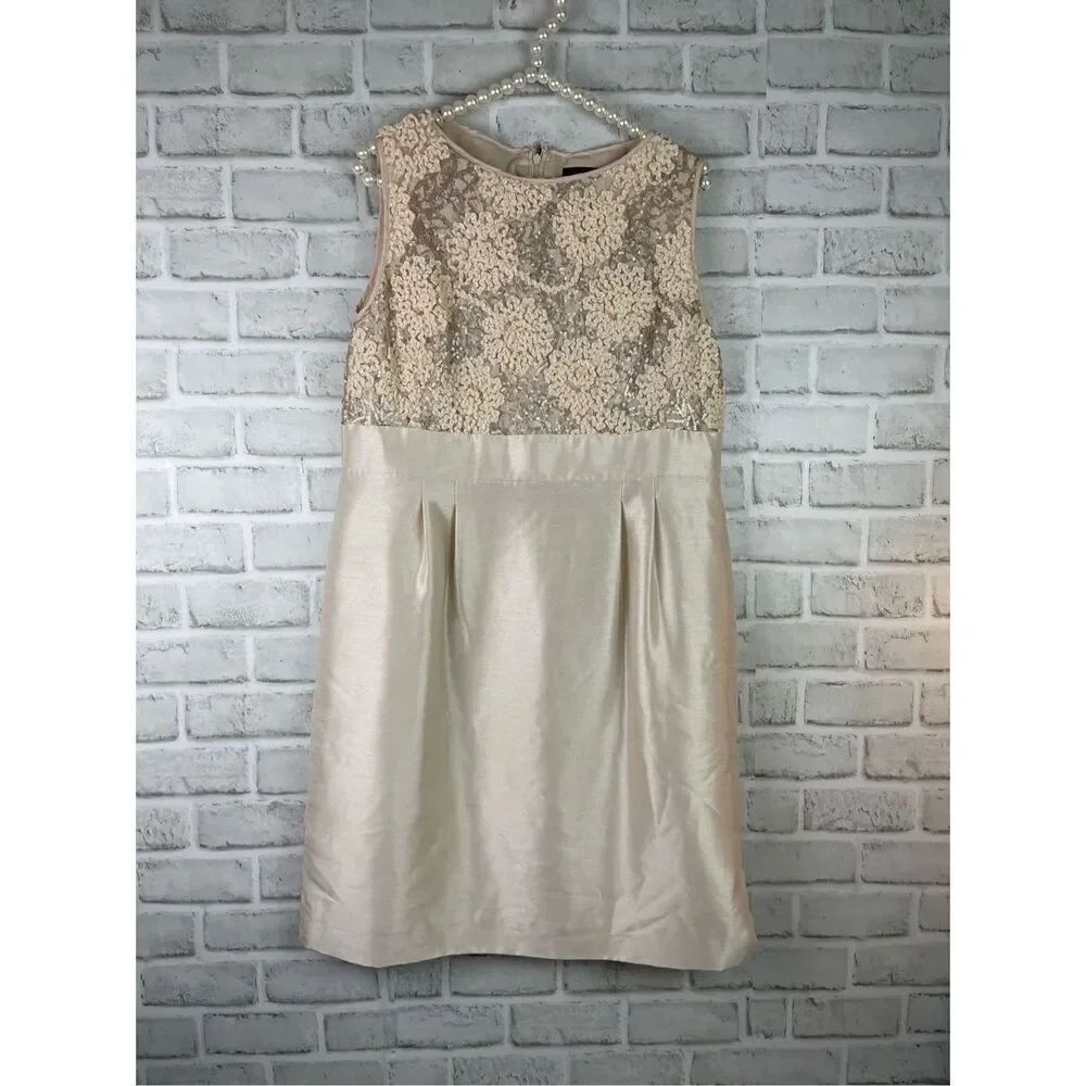 Tahari Arthur S Levine Women's Beige Sleeveless Sheath Dress Size 14 Cocktail